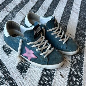 Golden Goose Blue Sneakers with Pink Star